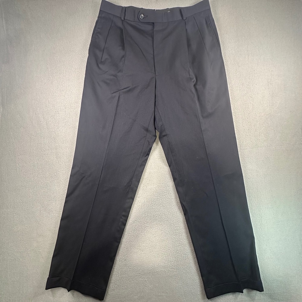 Tom James Royal Classic Black Wool Pleated Cuffed Dress Pants Mens 34x32